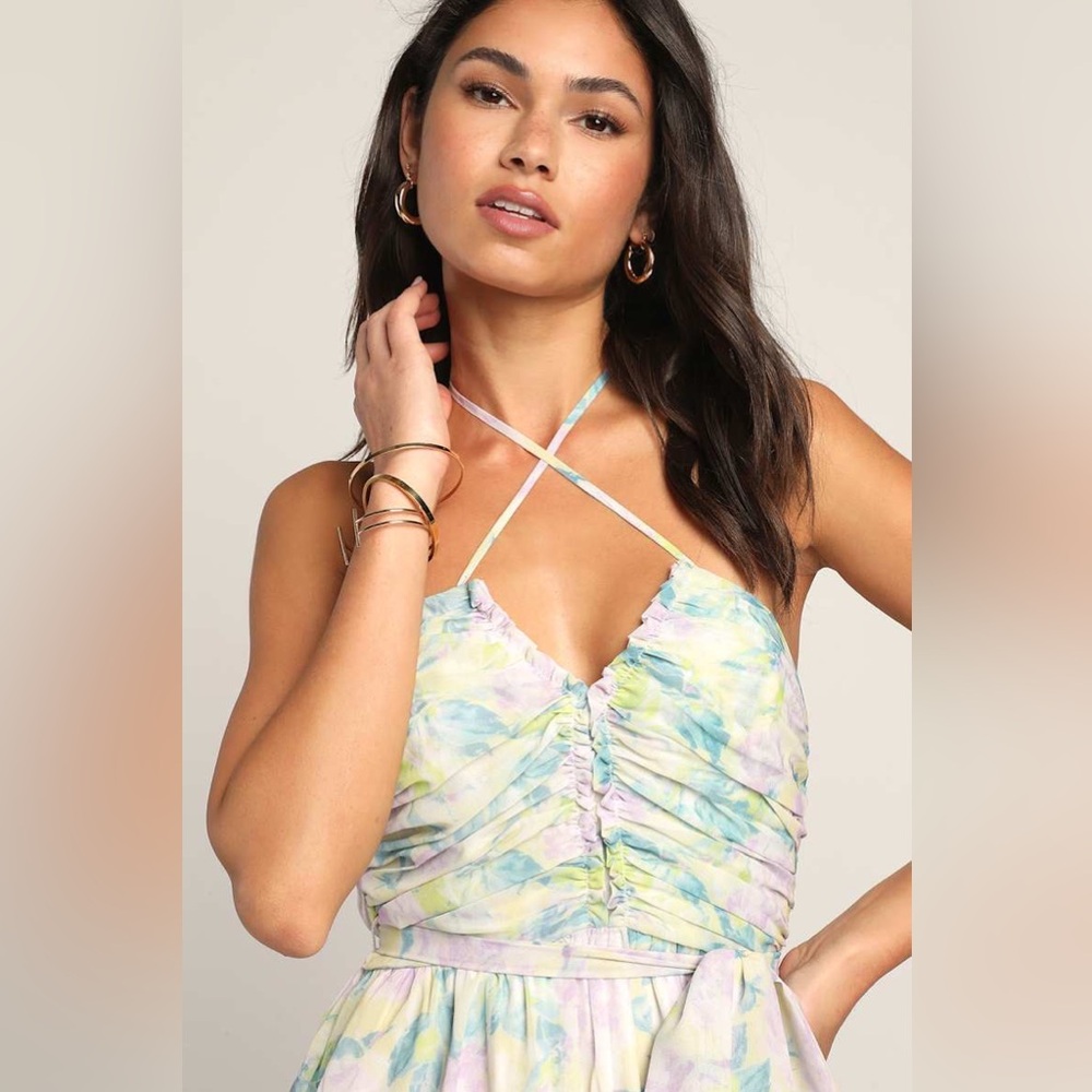 NWT Effortlessly Abloom Green Multi Floral Ruched Halter Maxi Dress Sz XS - Picture 4 of 13